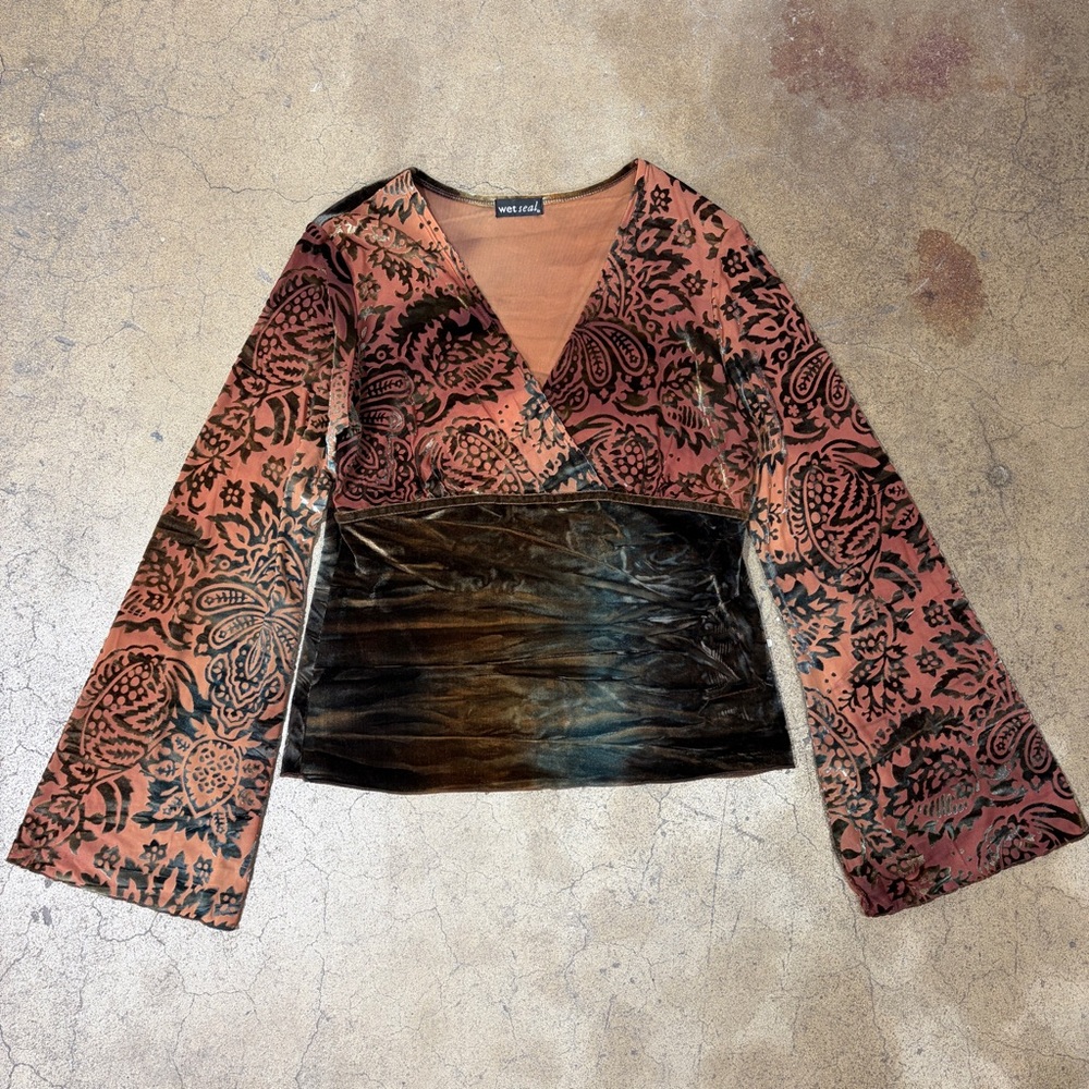 Vintage Y2K Velvet Burnout Wet Seal Brown Ombre Bell Sleeve Shirt Fairy 70s Boho